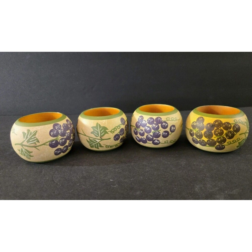 Vintage Hand Painted Wooden Napkin Rings Set of 4 Grape Vine Fruit Boho Kitchen